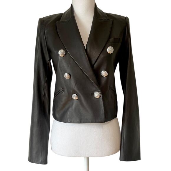 Veronica Beard Nevis Lamb Leather Blazer Jacket Cropped Black Silver Size 0‎ - Picture 3 of 11